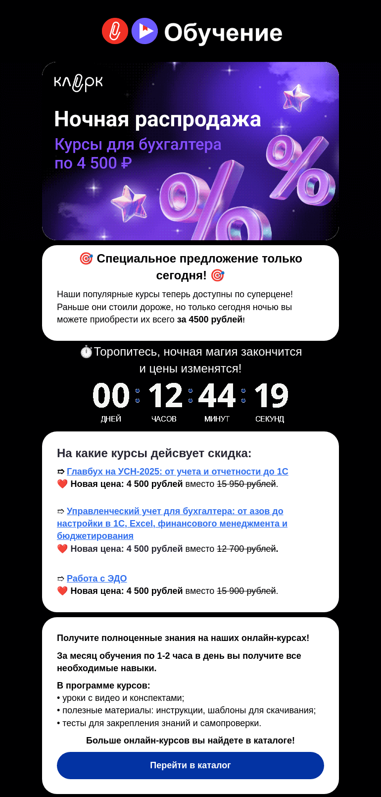 Письмо компании «Ночной бухгалтер» на тему «🌙 Ночная распродажа на курсы в этом письме!»
