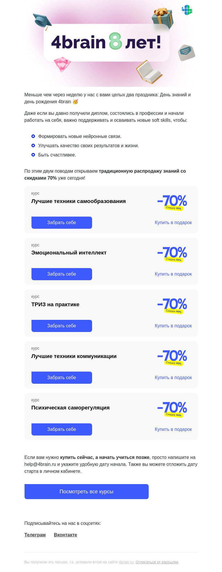 Письмо компании «4Brain» на тему «🥳 У нас праздник! И у вас тоже!»