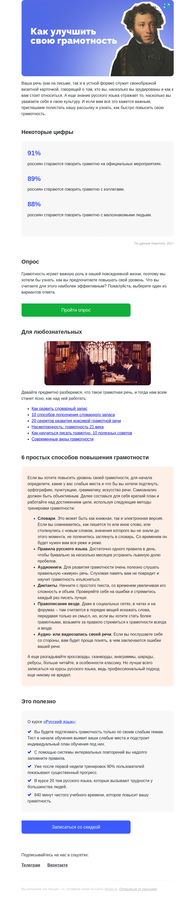 Письмо компании «4Brain» на тему «📜✒️ Шорт-лист приемов повышения грамотности родного языка»