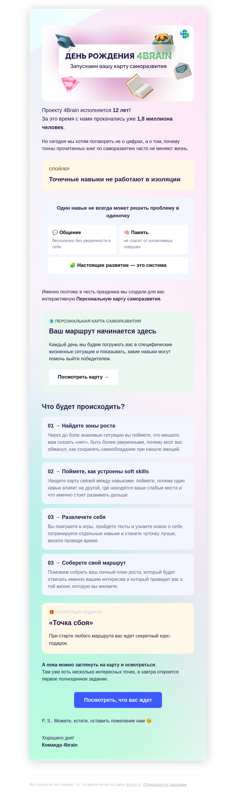 Письмо компании «4Brain» на тему « 🌺🎁 У нас день рождения, но ПОДАРОК — ВАШ»