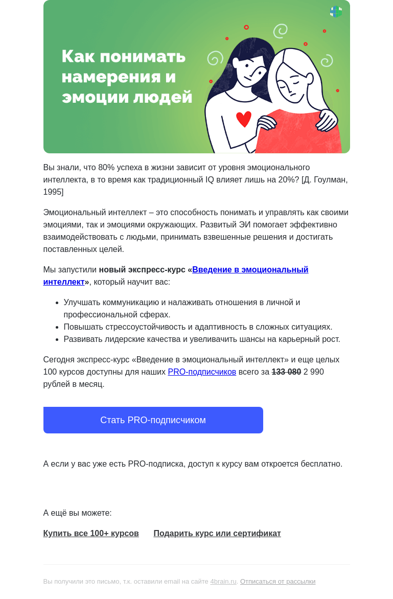 Письмо компании «4Brain» на тему «🤔 От него зависит 80% вашего успеха. Это не шутка!»