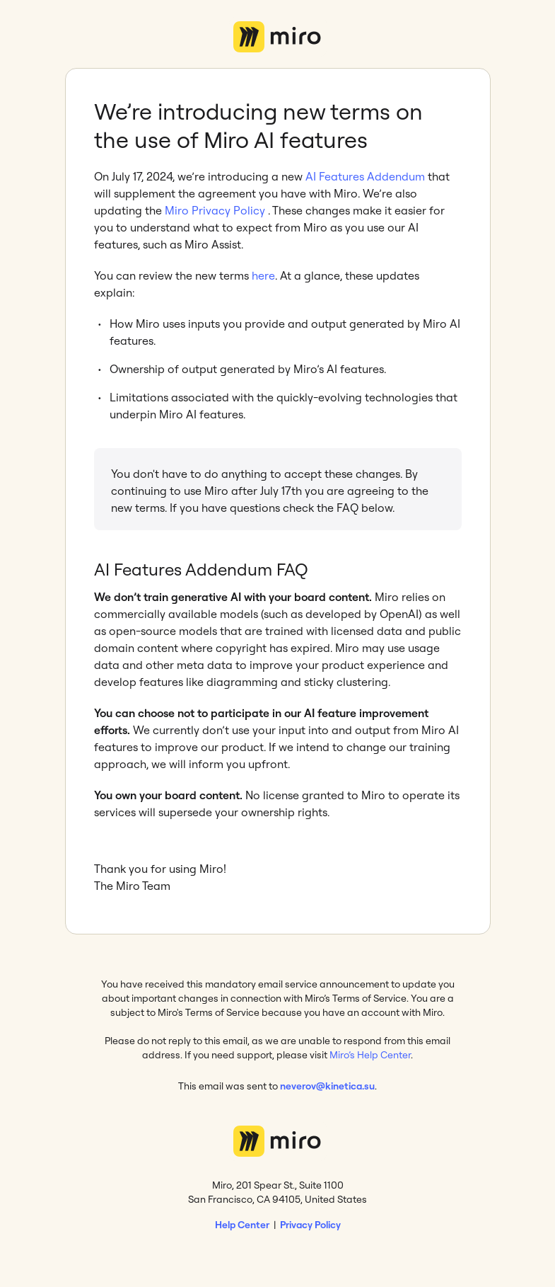 Письмо компании «Miro» на тему «We’re introducing new terms on the use of Miro AI features»