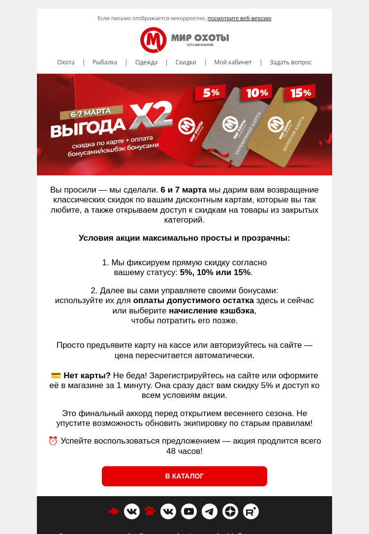 Письмо компании «Мир охоты» на тему «Дождались! ⚡ Скидки по картам вернулись на 48 часов!»