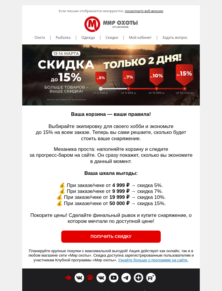 Письмо компании «Мир охоты» на тему «📈 Ваша скидка начала расти… Воспользуйтесь этим!»