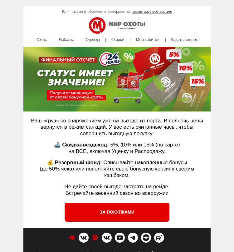 Письмо компании «Мир охоты» на тему «⏳ Финальный отсчет! 3.. 2.. 1.. СТОП! В 00:00 скидка по карте обнулится»