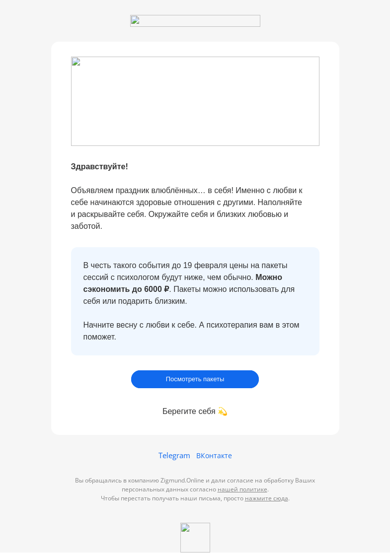 Письмо компании «Zigmund.Online» на тему «Пакеты сессий полные любви 💙»