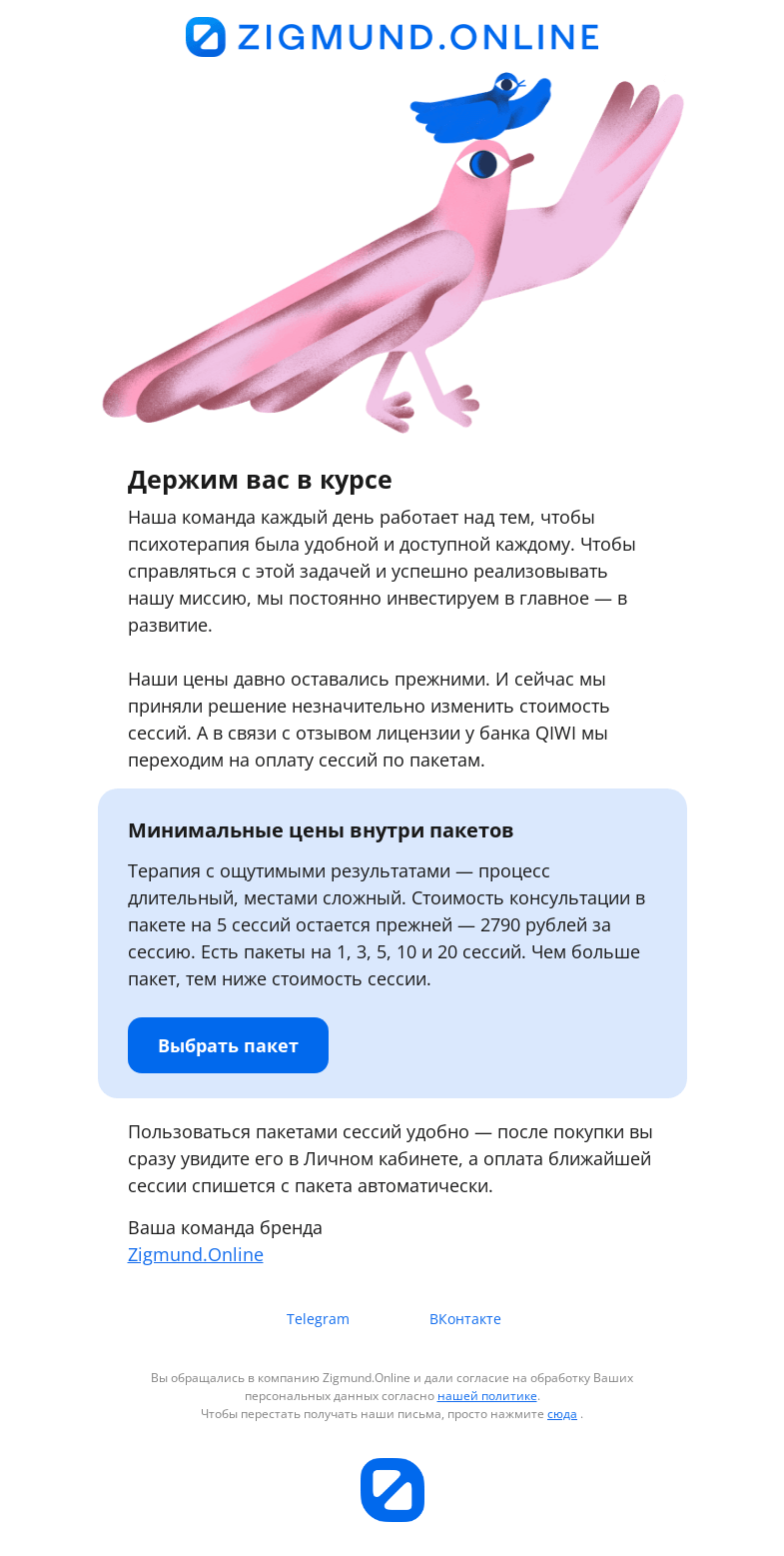 Письмо компании «Zigmund.Online» на тему «Как теперь покупать сессии»
