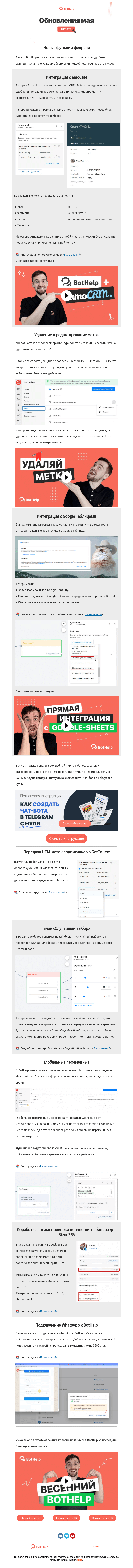 Письмо компании «BotHelp» на тему «⭐ Кратко о последних обновлениях: amoCRM, Google Таблицы, удаление и редактирование меток и не только»