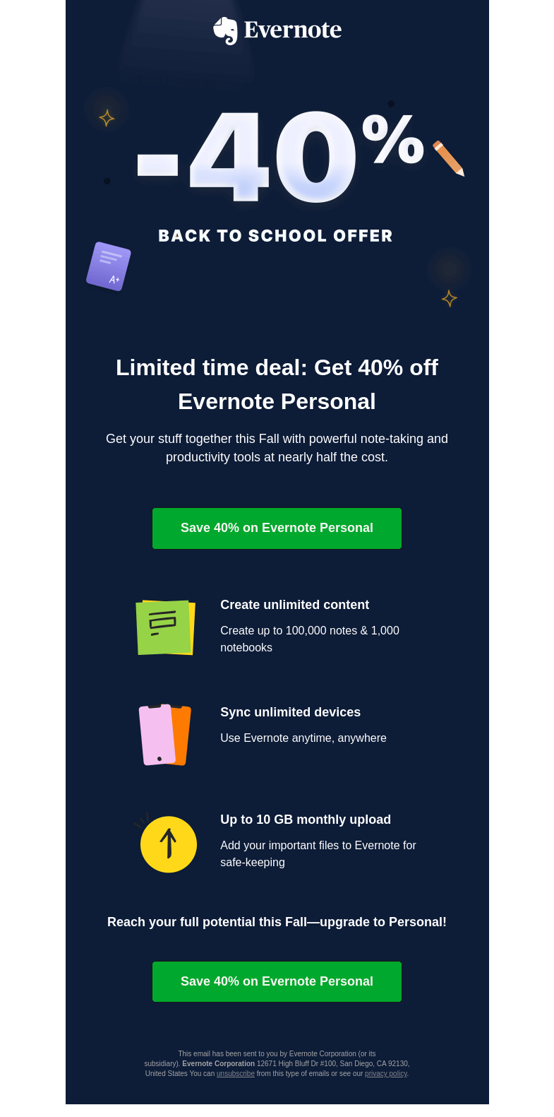 Письмо компании «Evernote» на тему «📚 Fall Special: 40% off Evernote Professional»