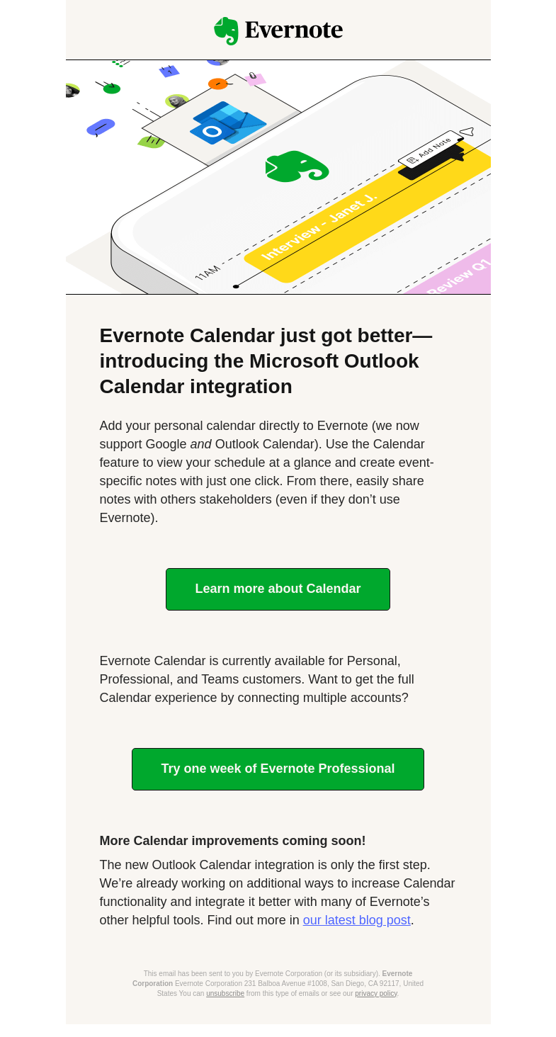 Письмо компании «Evernote» на тему «Evernote now syncs with Microsoft Outlook Calendar»
