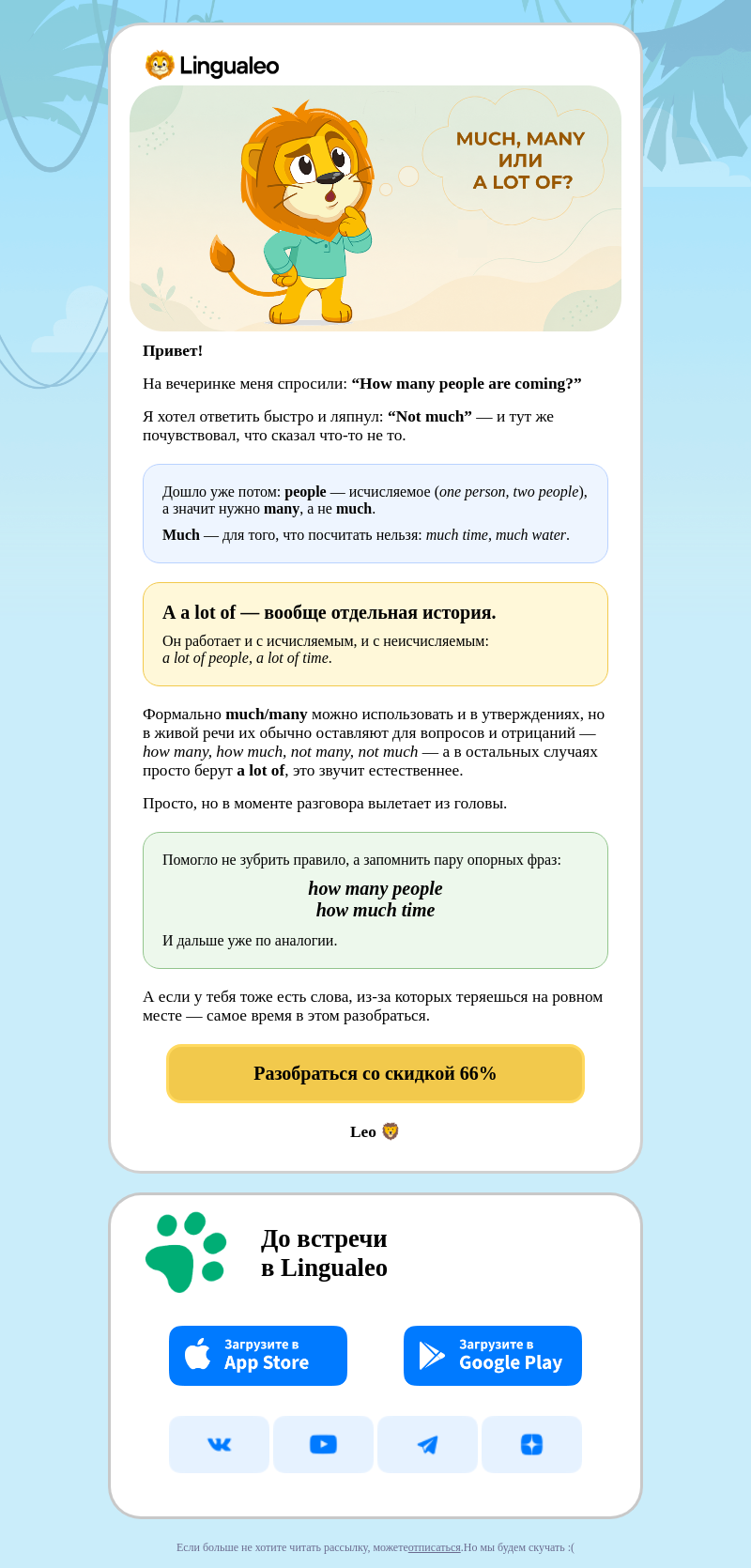 Письмо компании «LinguaLeo» на тему «Как я ошибся с much/many на вечеринке 💭»