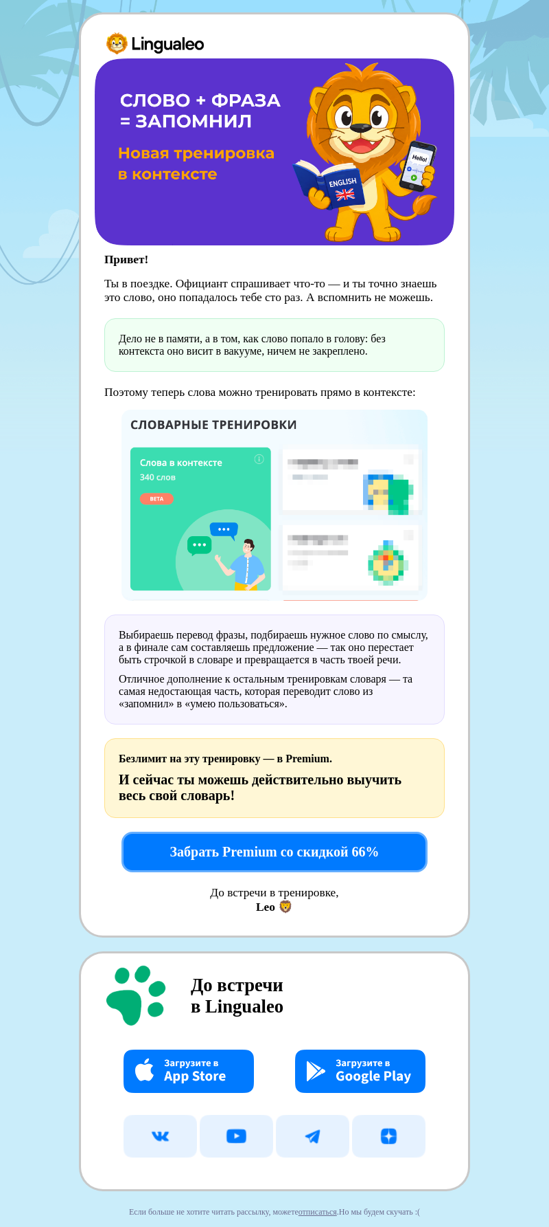 Письмо компании «LinguaLeo» на тему «Новый способ учить слово — через контекст 🤓»