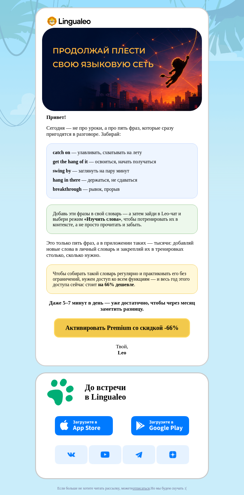 Письмо компании «LinguaLeo» на тему «Пять фраз, которые пригодятся уже сегодня»