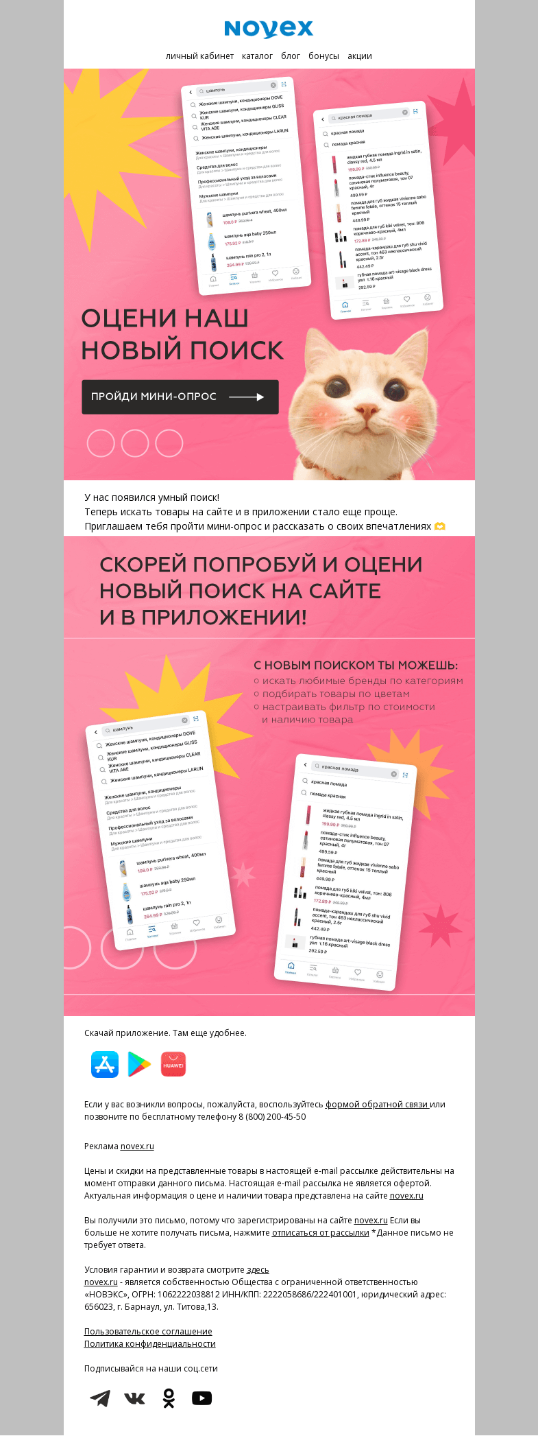 Письмо компании «NOVEX» на тему «Оцени наш новый поиск!»