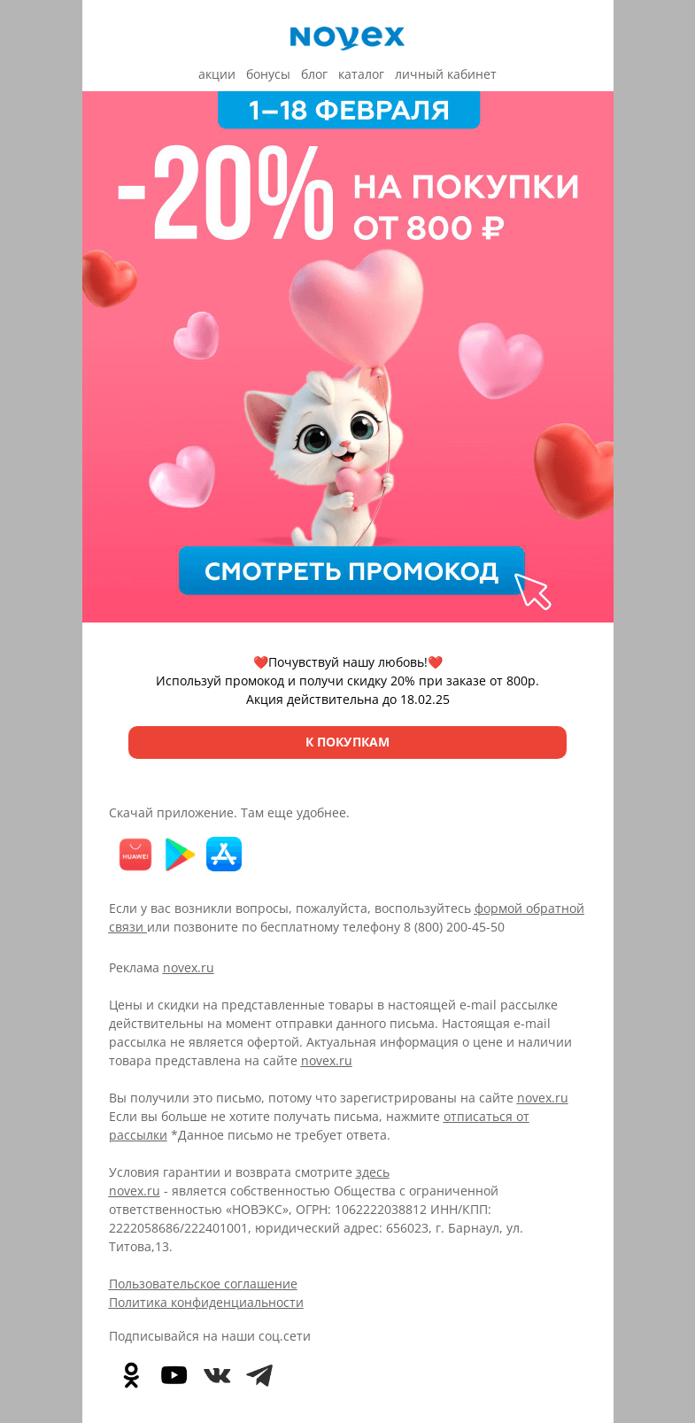 Письмо компании «NOVEX» на тему «Промокод на февраль»