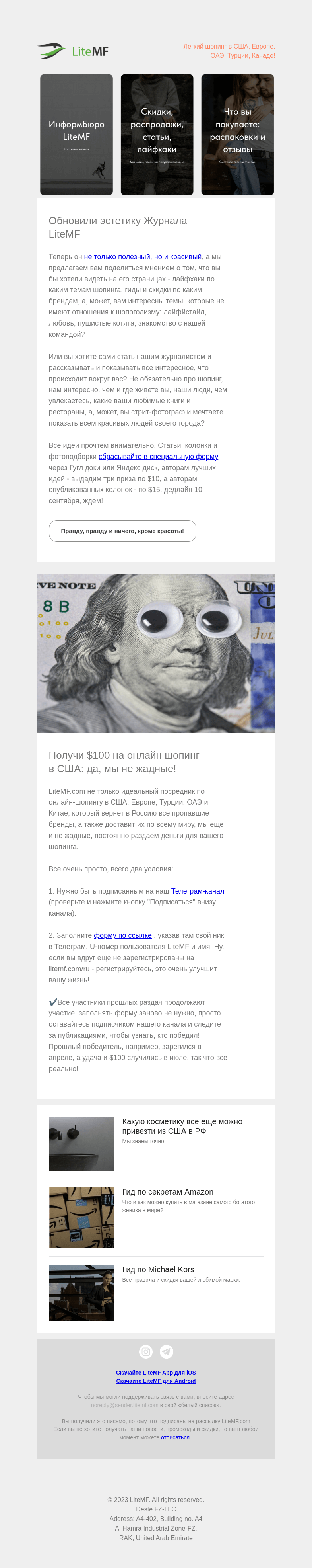 Письмо компании «LiteMF» на тему «New Aesthetic журнала LiteMF, дарим $100 и гиды по Amazon и Miсhael Kors»