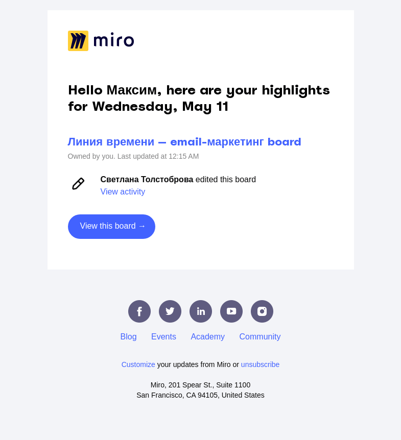 Письмо компании «Miro» на тему «New highlights on the Линия времени — email-маркетинг board»
