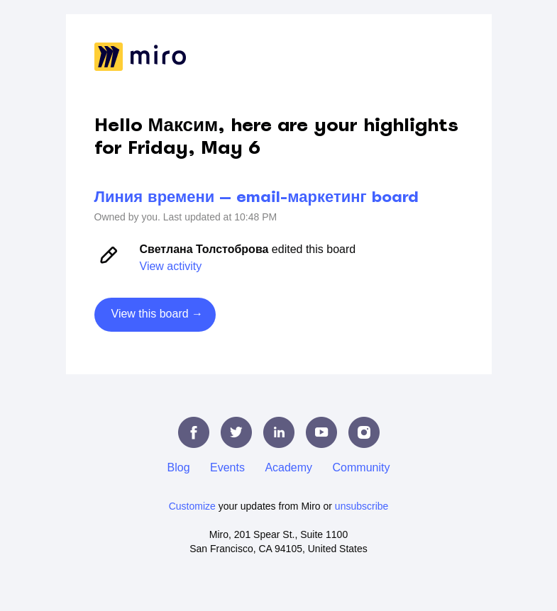 Письмо компании «Miro» на тему «New highlights on the Линия времени — email-маркетинг board»