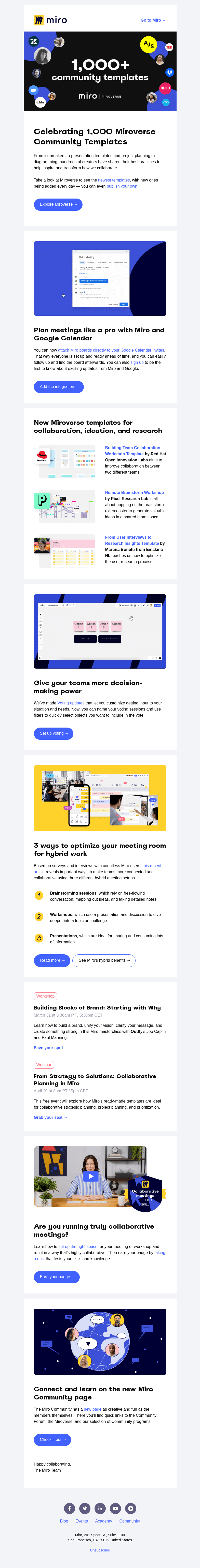 Письмо компании «Miro» на тему «New in March: Celebrations, Google Calendar Integration, and More»