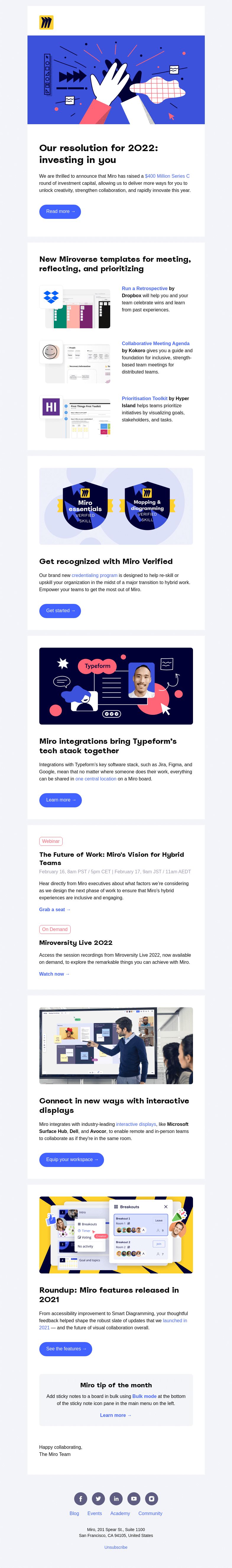 Письмо компании «Miro» на тему «New in January: Exciting News, Templates, Badges, and More»