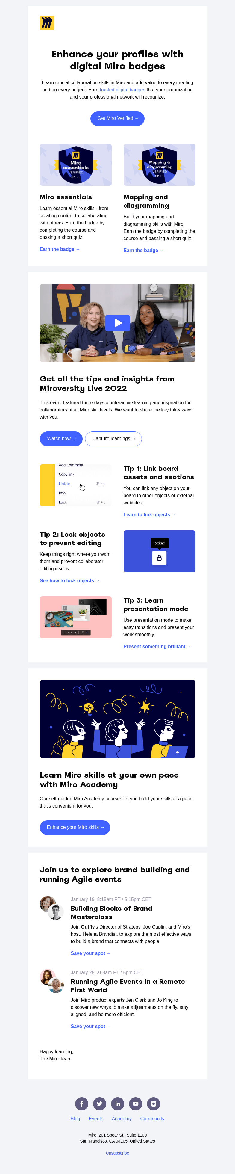 Письмо компании «Miro» на тему «Get Miro Verified and Earn Digital Badges»