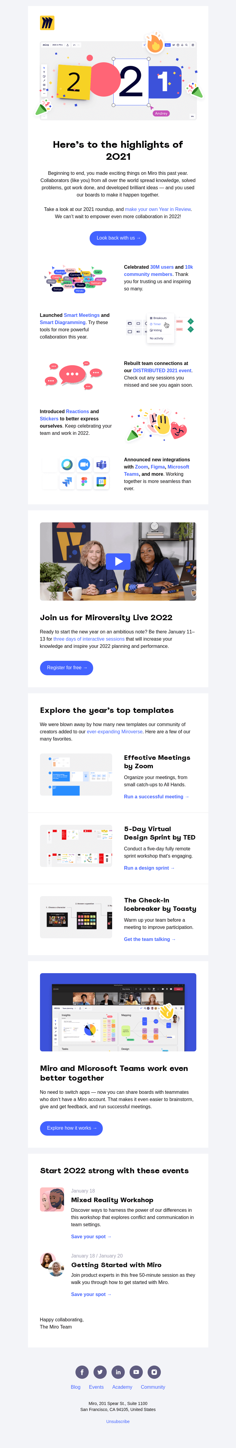 Письмо компании «Miro» на тему «Take a Last Look Back to Celebrate 2021»
