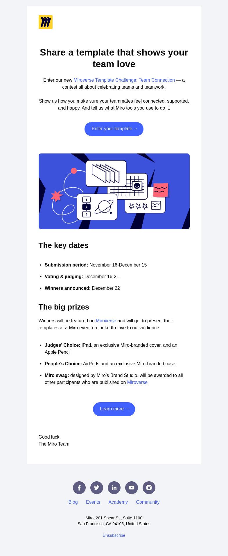 Письмо компании «Miro» на тему «Enter to win: Miroverse Team Connection Template Challenge»