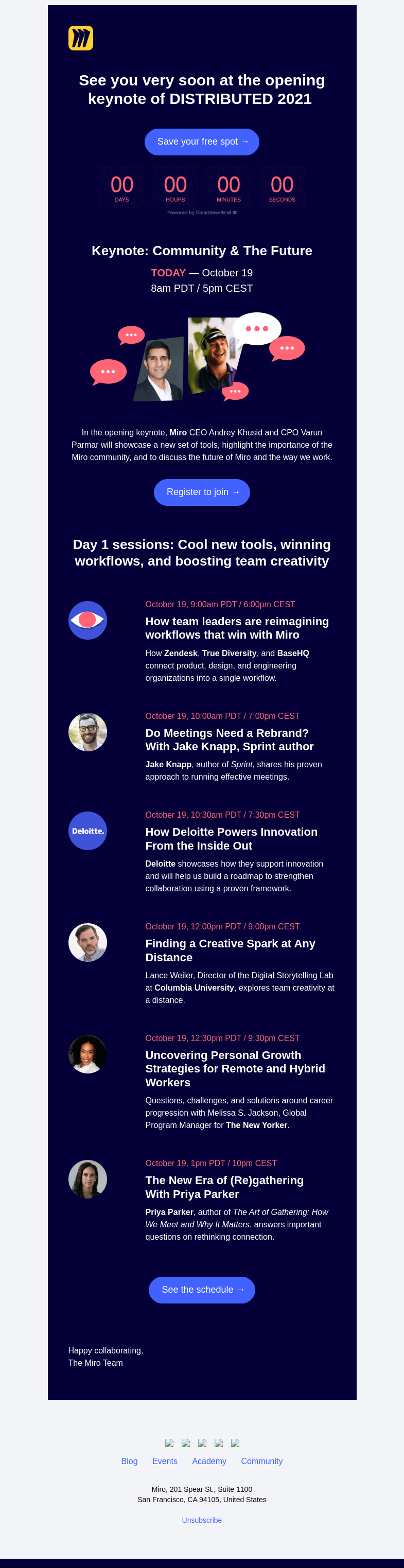 Письмо компании «Miro» на тему «Today's Agenda: Keynote Unveiling New Tools, Reimagining Workflows,
 Rebranding Meetings, and more»