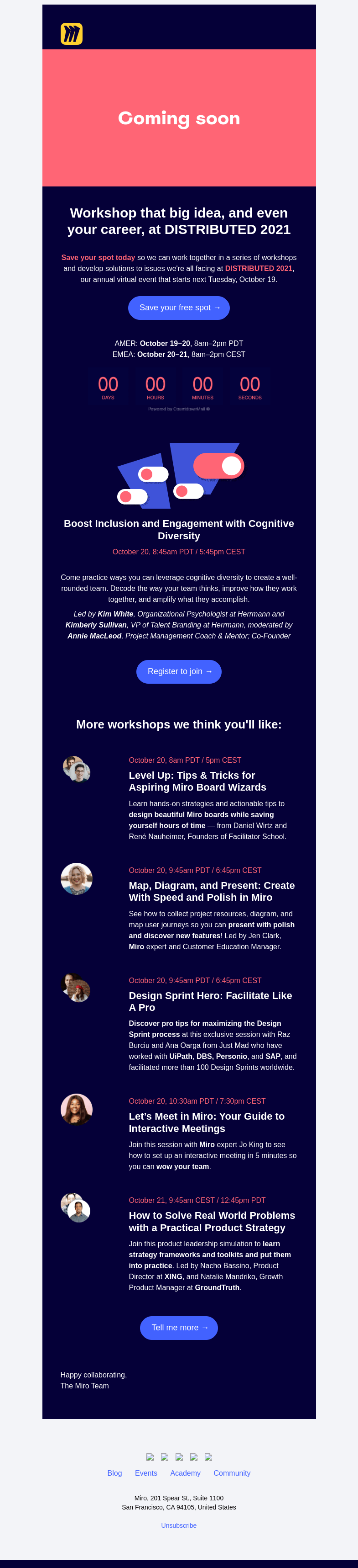 Письмо компании «Miro» на тему «Workshops for You: Cognitive Diversity, Board Wizardry 🪄 , and So Much More»