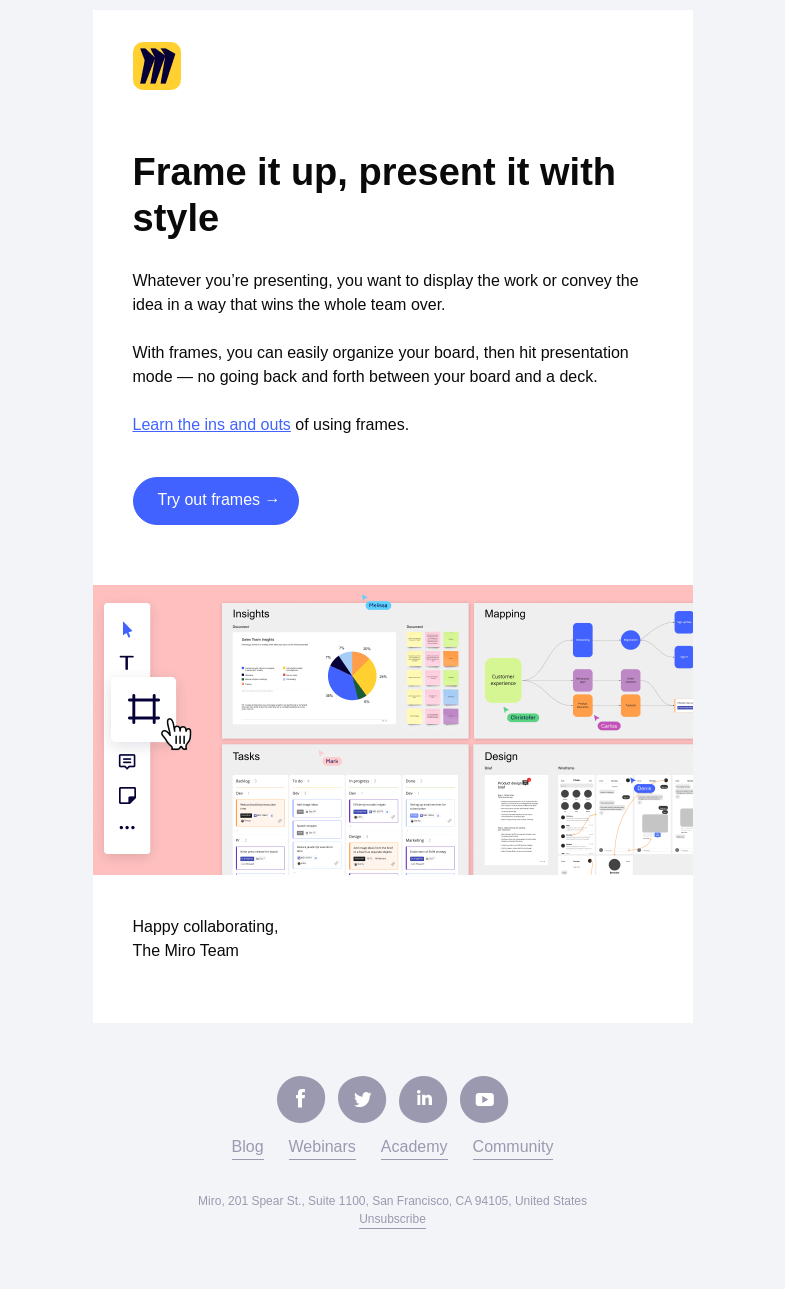 Письмо компании «Miro» на тему «Make Any Presentation Sharp and Effective»