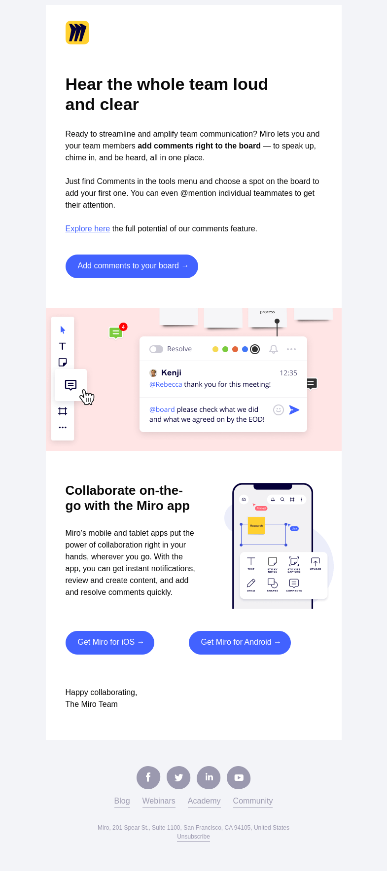 Письмо компании «Miro» на тему «Add Comments Right On Your Board»