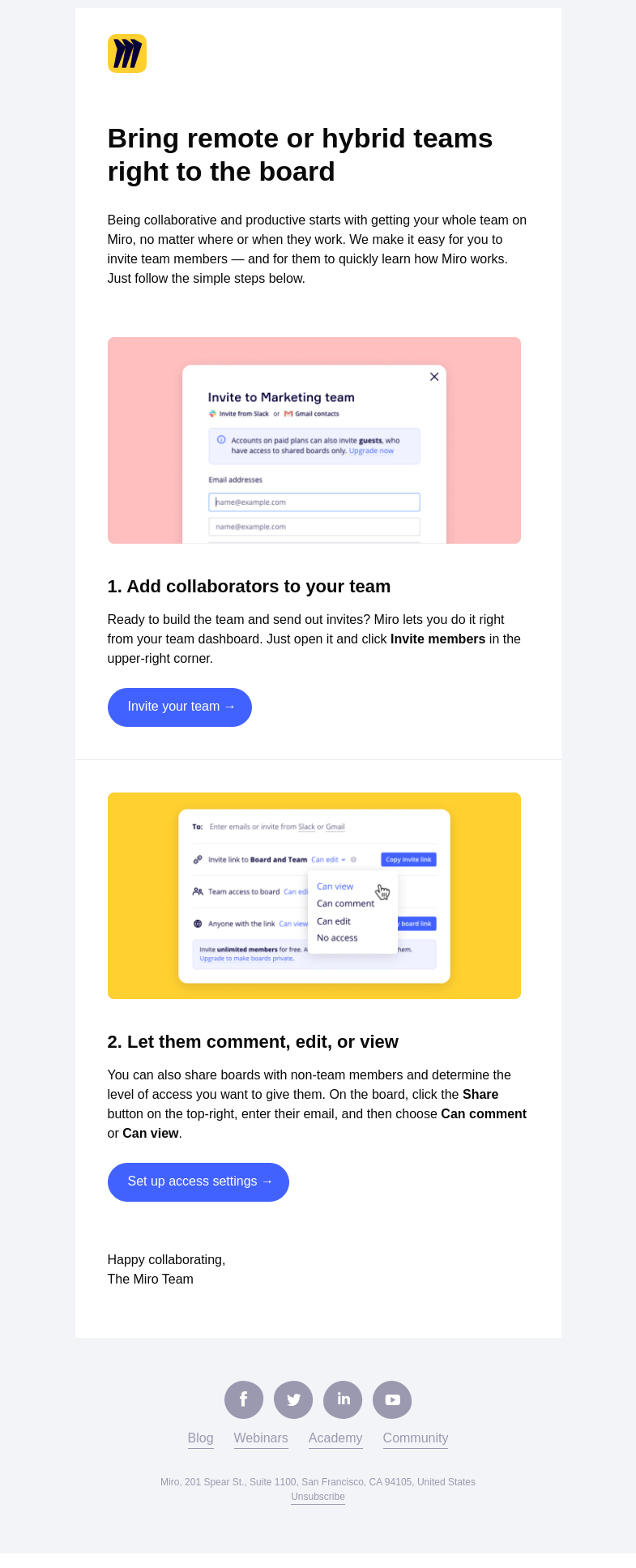 Письмо компании «Miro» на тему «Gather the Team and Get Collaborating»