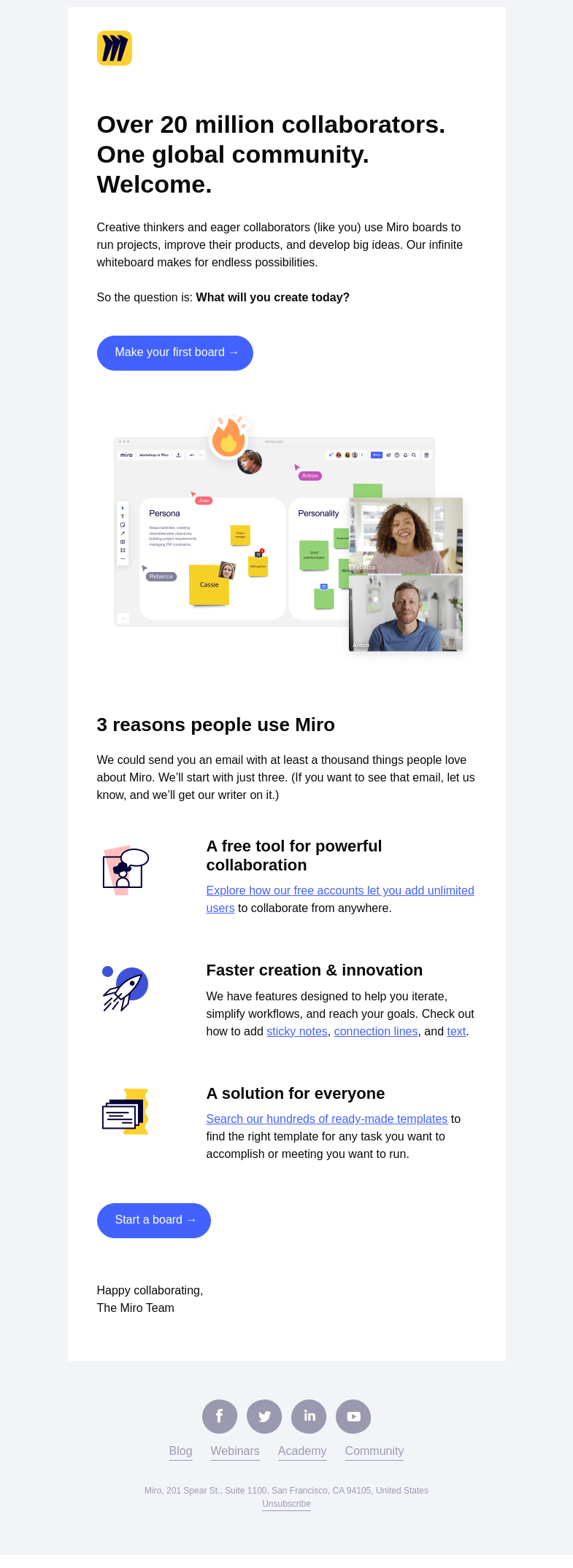 Письмо компании «Miro» на тему «Welcome to Miro. We’re Excited You’re Here.»
