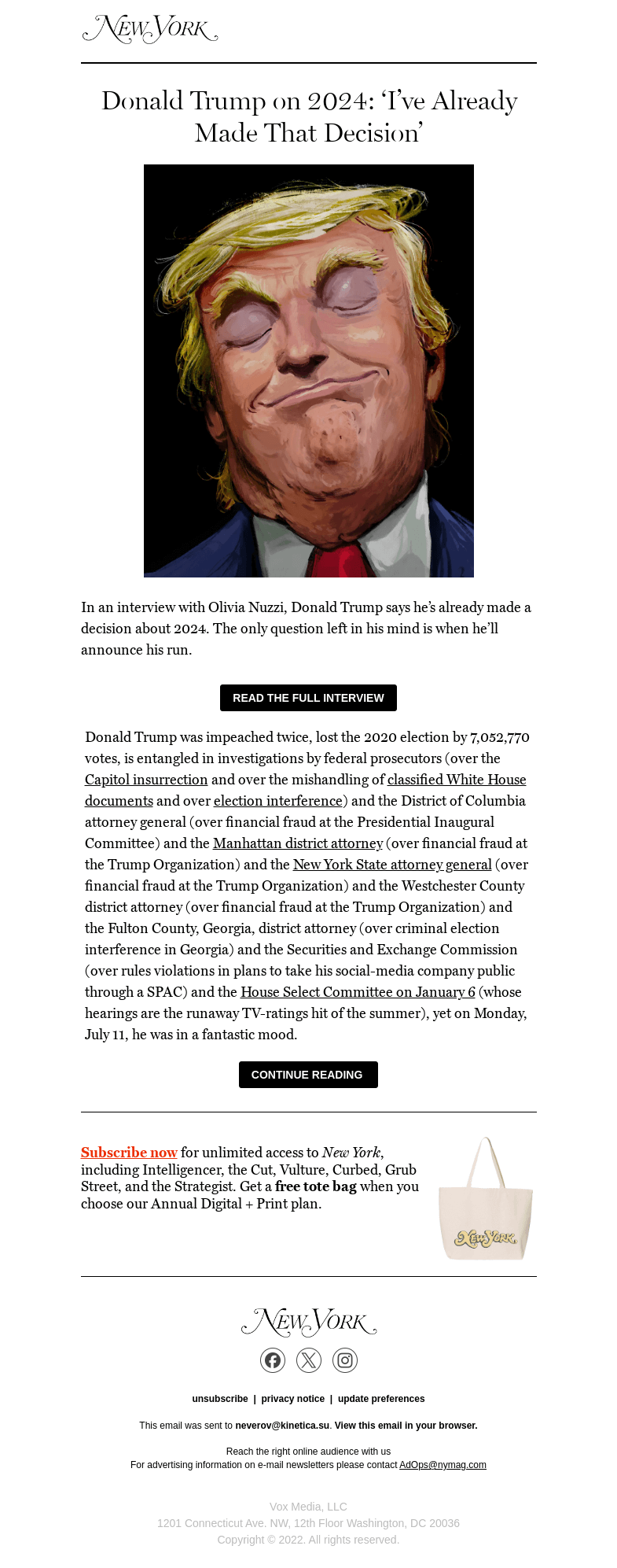 Письмо компании «New York Magazine» на тему «Exclusive Interview With Donald Trump on 2024: ‘I’ve Already Made That Decision’»
