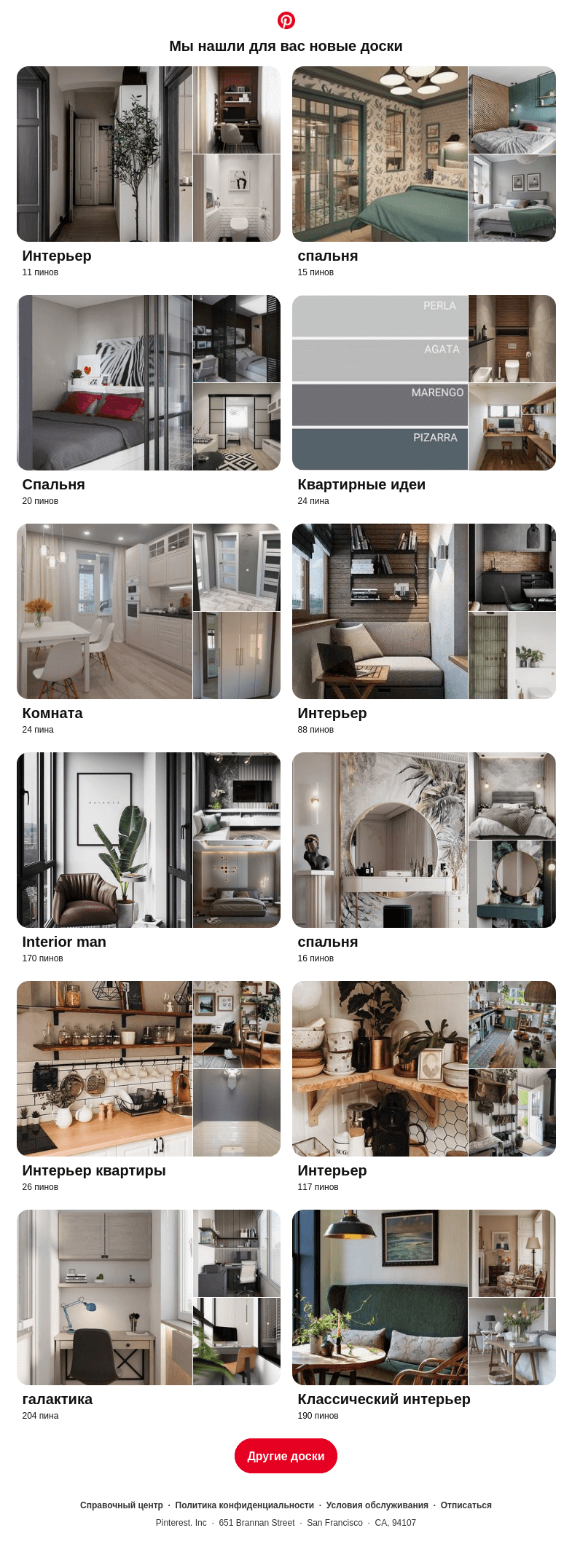 Письмо компании «Pinterest» на тему ««Интерьер», «спальня» и еще 12 похожих досок»