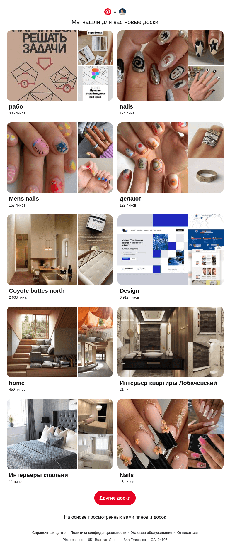 Письмо компании «Pinterest» на тему ««рабо», «nails» и еще 8 похожих досок»