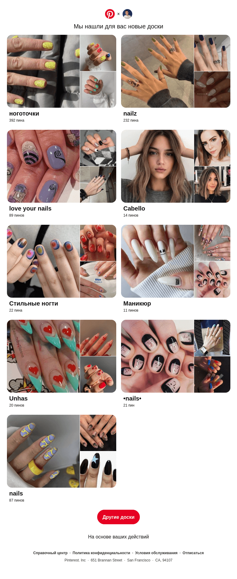 Письмо компании «Pinterest» на тему ««ноготочки» и другие доски»