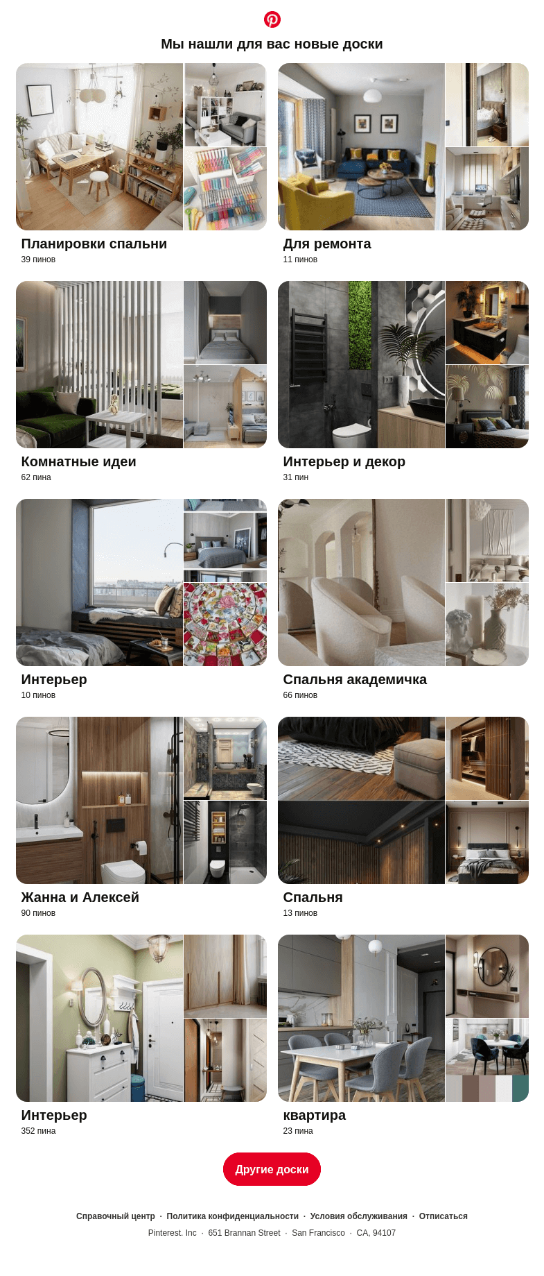 Письмо компании «Pinterest» на тему ««Планировки спальни», «Для ремонта» и еще 8 похожих досок»