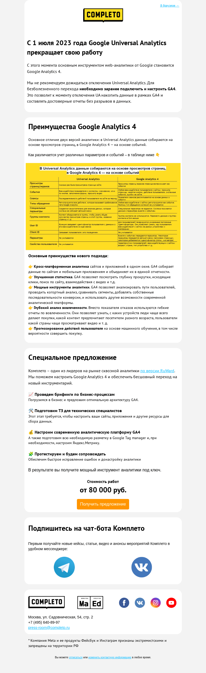 Письмо компании «Комплето» на тему «Google Universal Analytics прекращает свою работу»