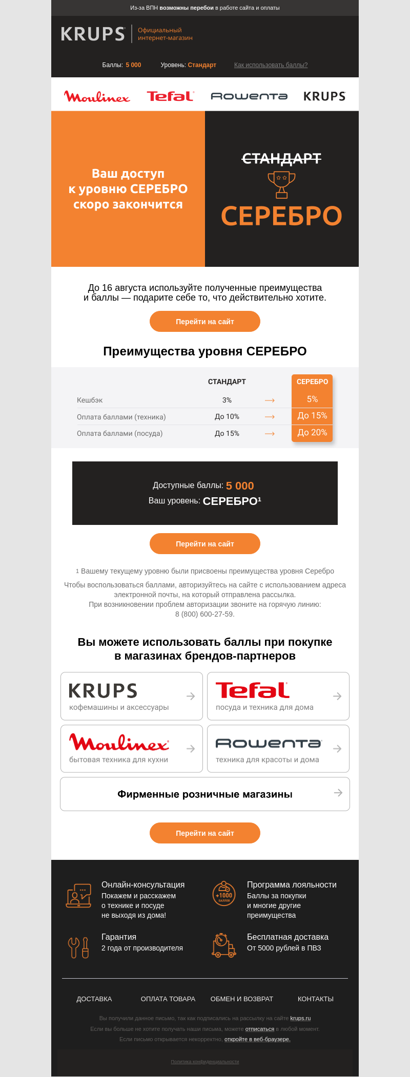 Письмо компании «Krups» на тему «Доступ к уровню СЕРЕБРО скоро закончится ⚡️»
