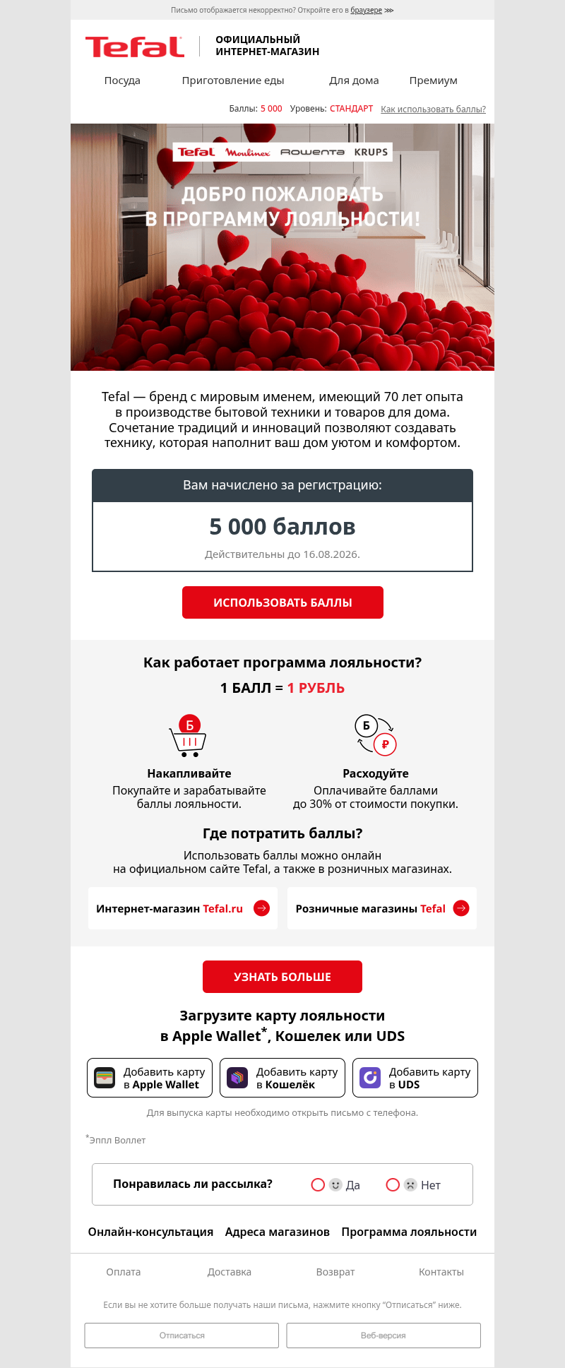Письмо компании «Tefal» на тему «Поздравляем!🎉 Вы в программе лояльности Tefal»