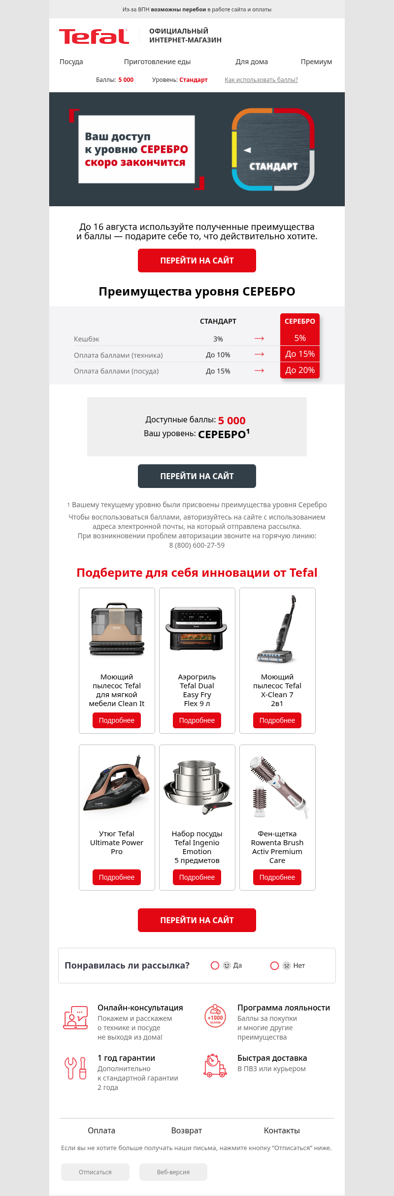 Письмо компании «Tefal» на тему «Доступ к уровню СЕРЕБРО скоро закончится ⚡️»