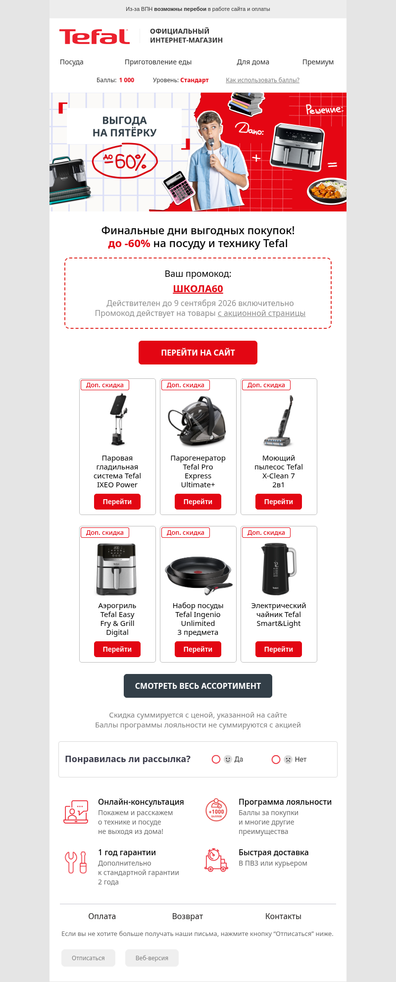 Письмо компании «Tefal» на тему «Финальные дни школьной распродажи ⏳️»