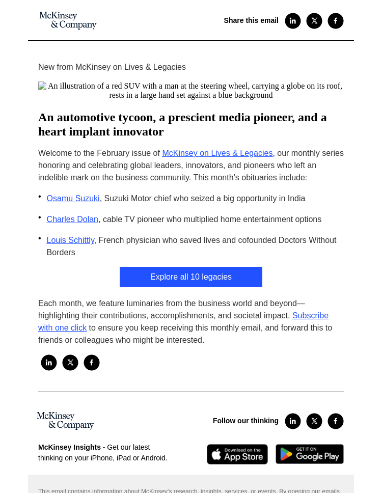 Письмо компании «McKinsey & Company» на тему «An automotive tycoon, a prescient media pioneer, and a heart
 implant innovator»