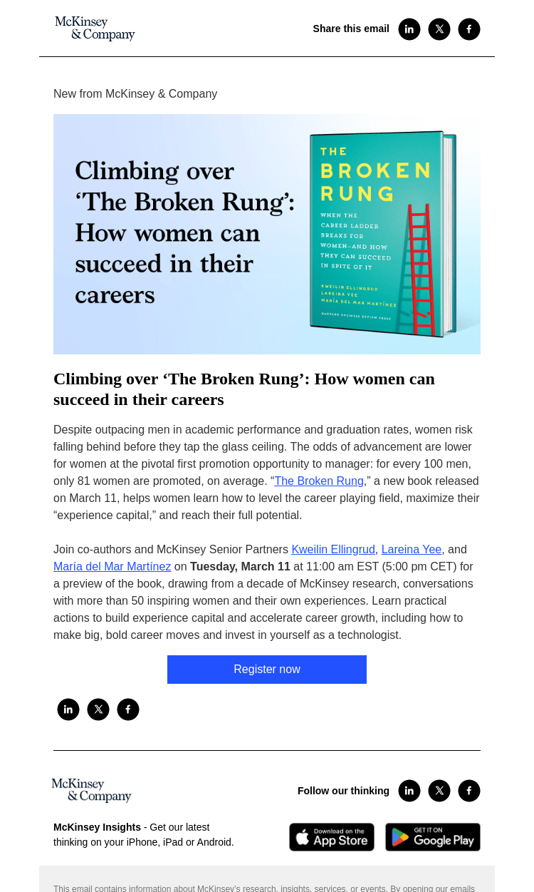 Письмо компании «McKinsey & Company» на тему «You’re invited! Join us for a McKinsey Live virtual event on climbing over the broken rung»