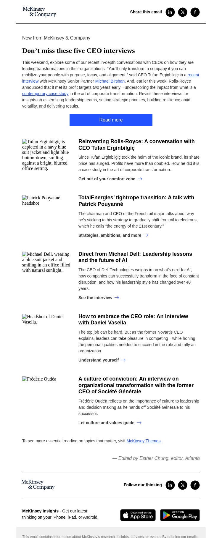 Письмо компании «McKinsey & Company» на тему «Don’t miss these 5 CEO interviews»