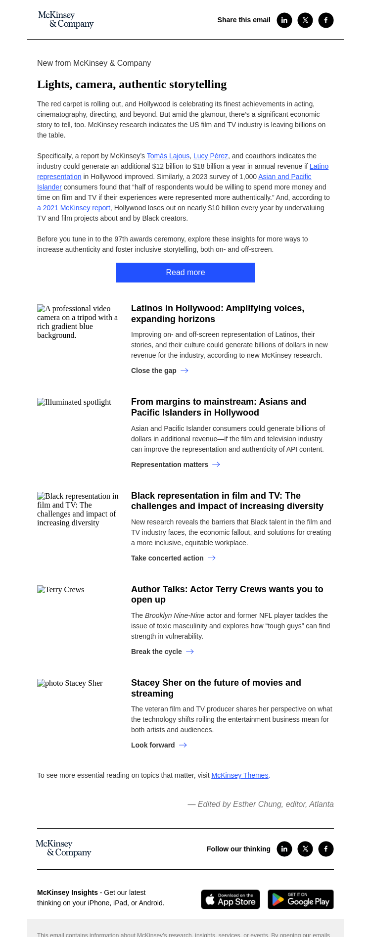 Письмо компании «McKinsey & Company» на тему «Lights, camera, authentic storytelling»