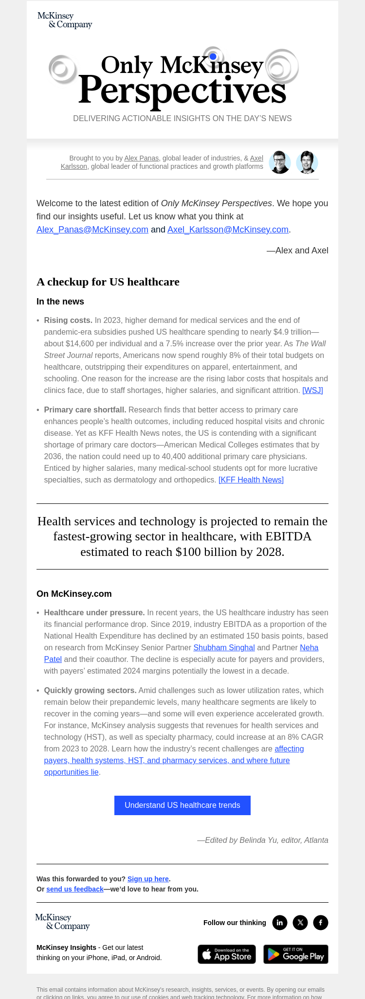 Письмо компании «McKinsey & Company» на тему «US healthcare: Challenges and opportunities in 2025 and beyond»