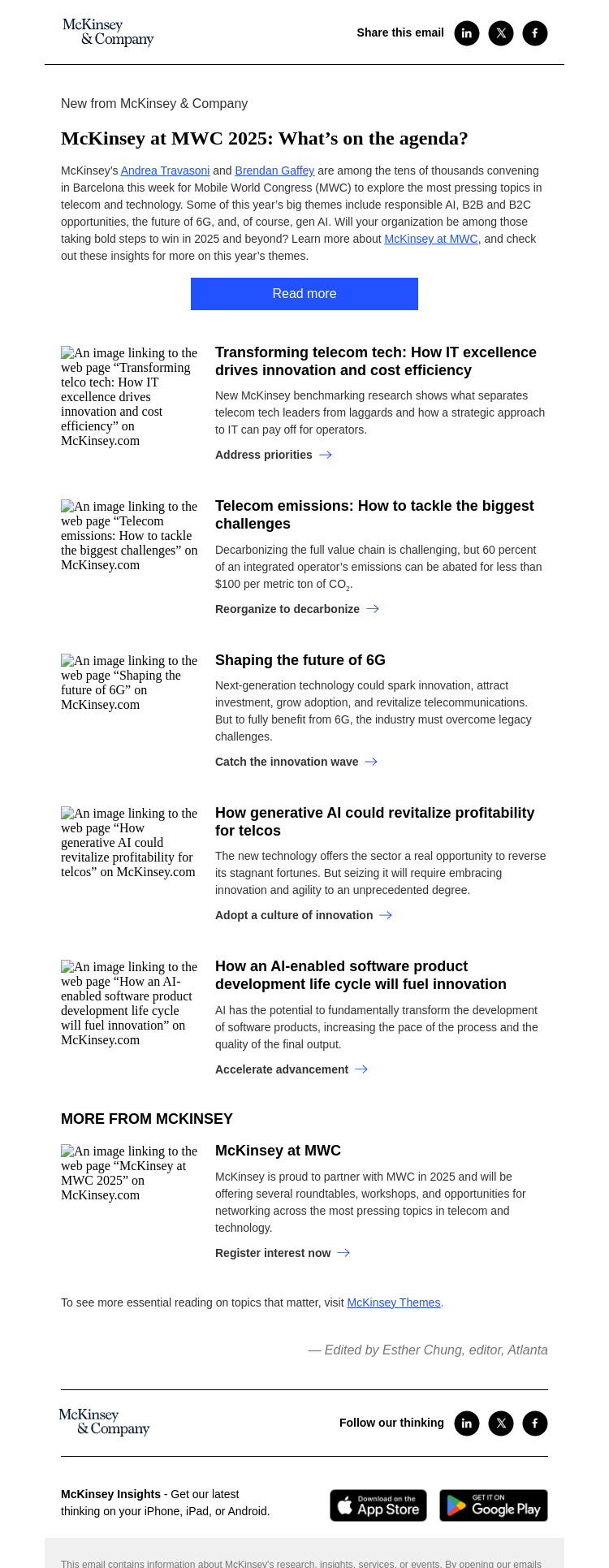 Письмо компании «McKinsey & Company» на тему «MWC 2025: Check out this year’s big themes»
