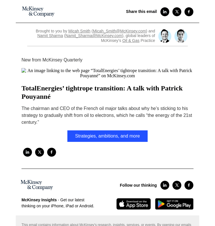 Письмо компании «McKinsey & Company» на тему «TotalEnergies’ tightrope transition: A talk with Patrick Pouyanné»